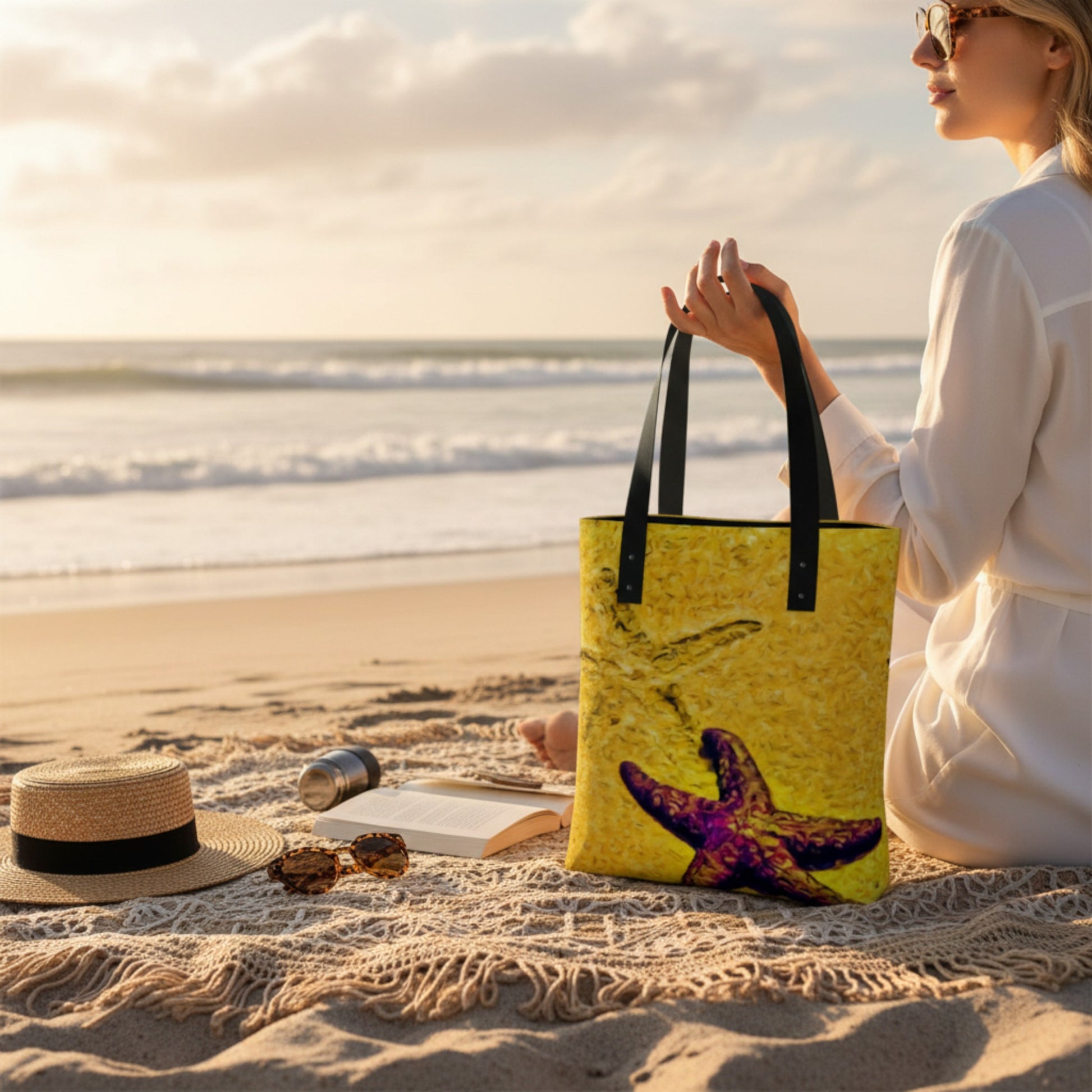 Woman holding a tote bag with a starfish design on a beach