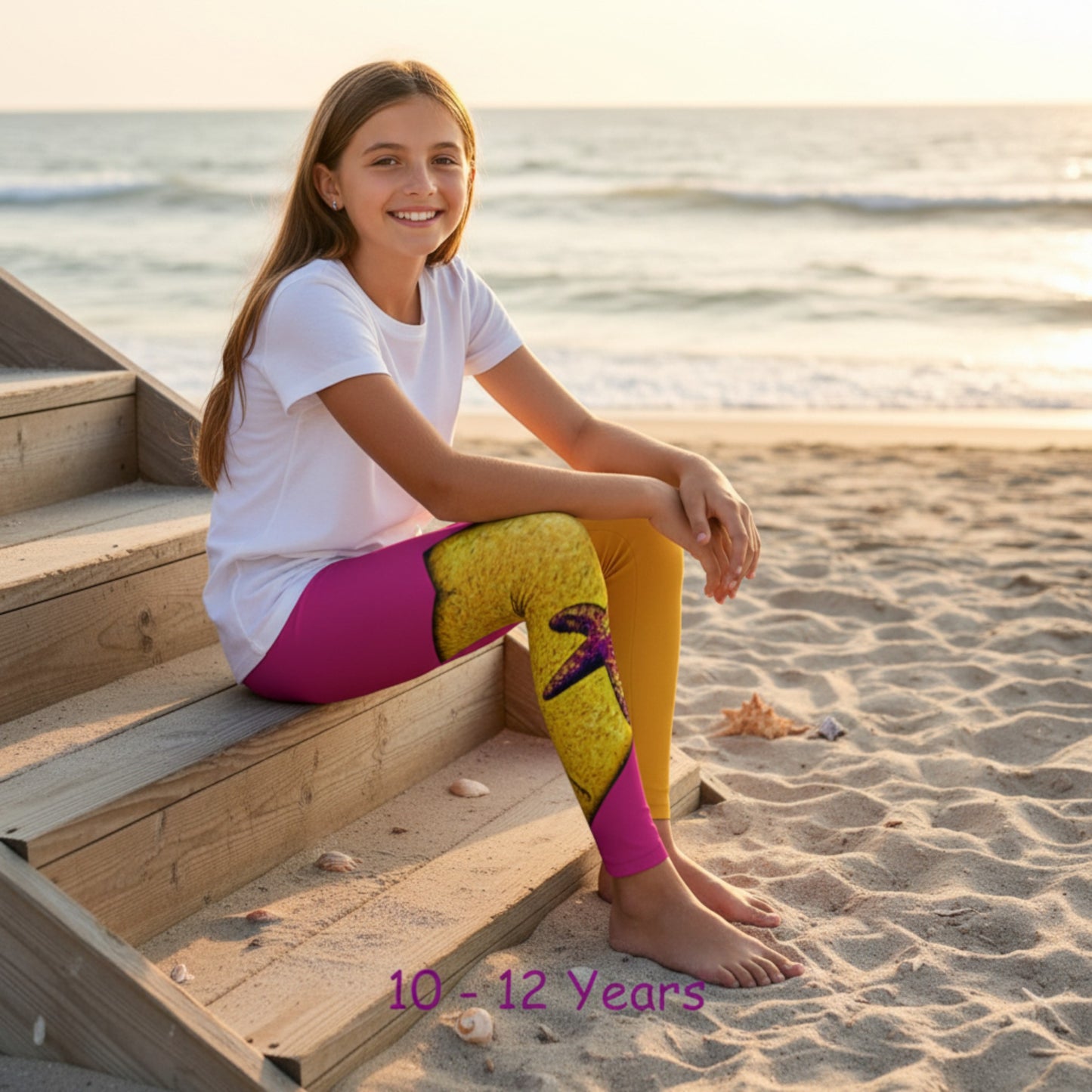 Young girl sitting on beach steps wearing colorful leggings with a design.