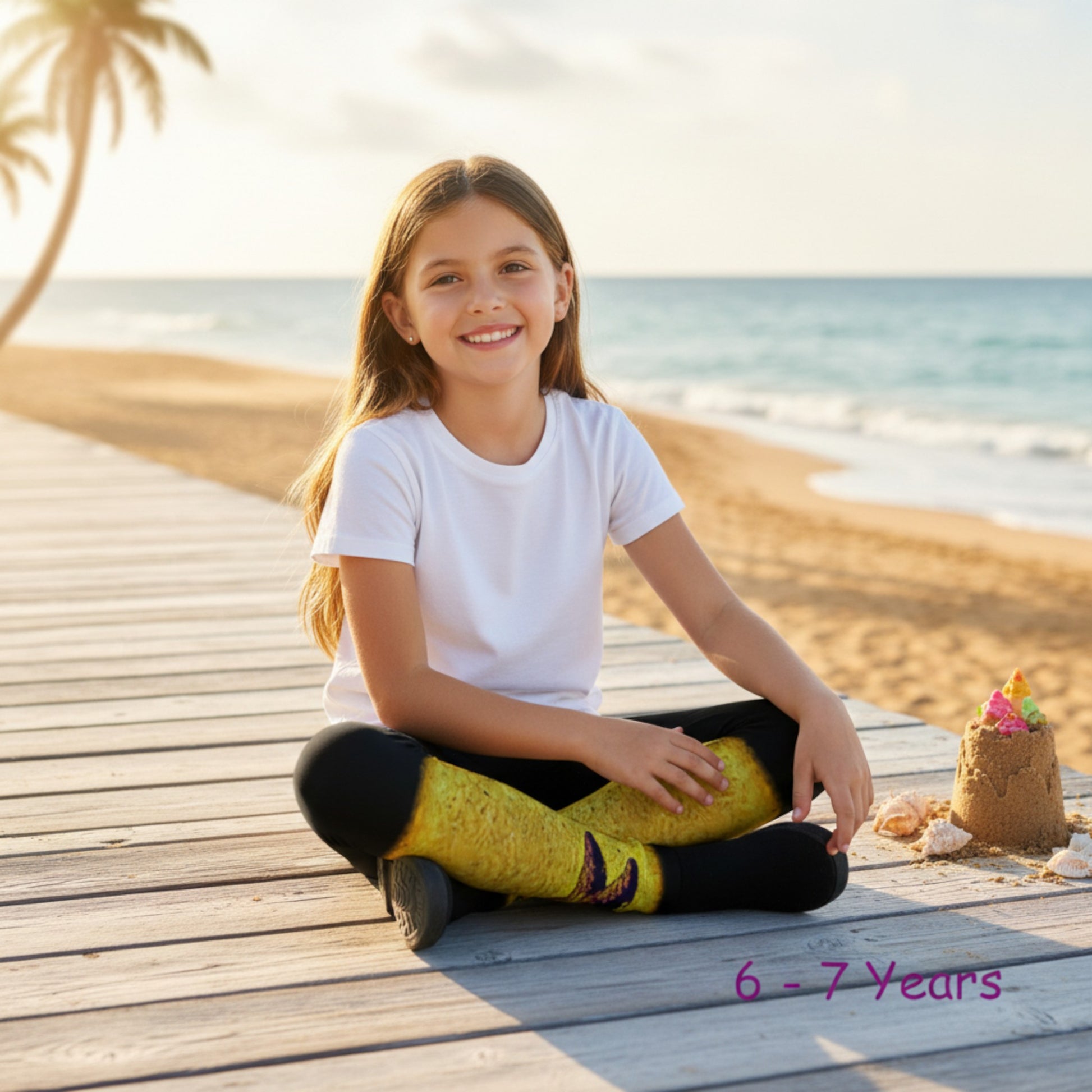 Young girl sitting on a wooden boardwalk by the beach, wearing yellow socks.
