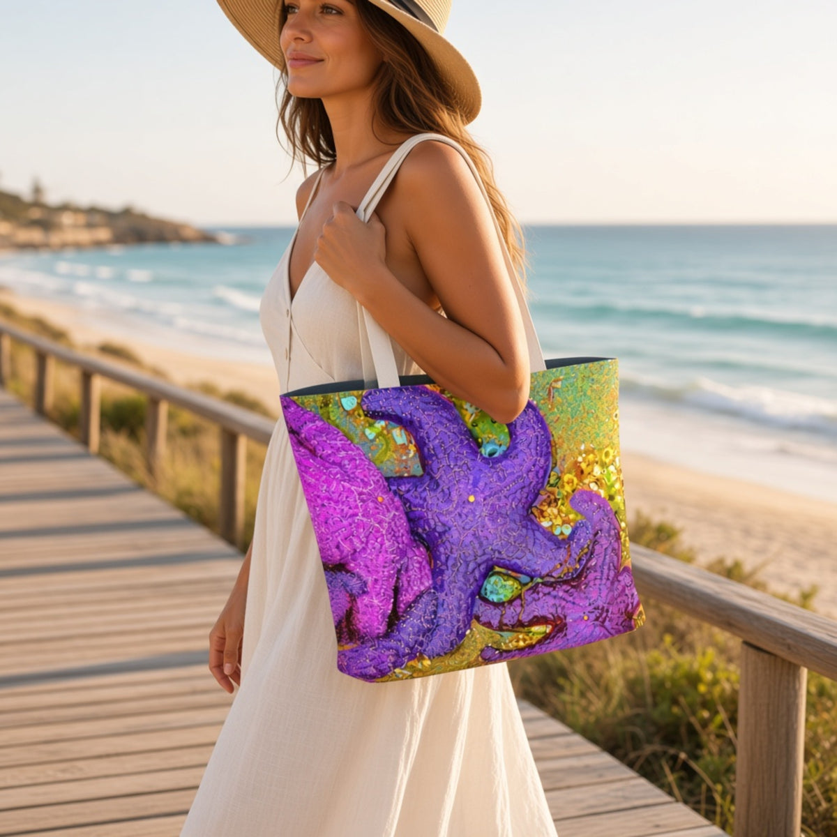 A woman in a white dress and straw hat carries a large tote bag on a wooden boardwalk by the beach. The tote bag features a vibrant purple starfish design with gold glittery accents.
