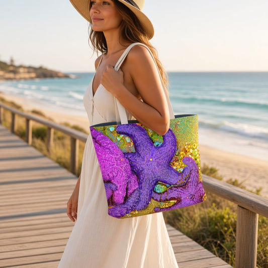 A woman in a white dress and straw hat carries a large tote bag on a wooden boardwalk by the beach. The tote bag features a vibrant purple starfish design with gold glittery accents.