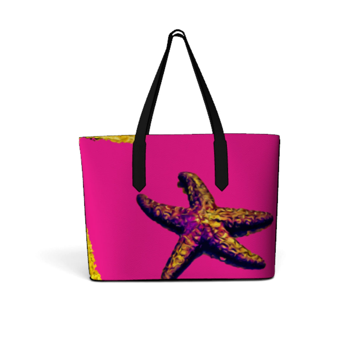 A bright pink tote bag with black shoulder straps, featuring a large stylized starfish graphic in purple and yellow on the front, set against a plain white background.