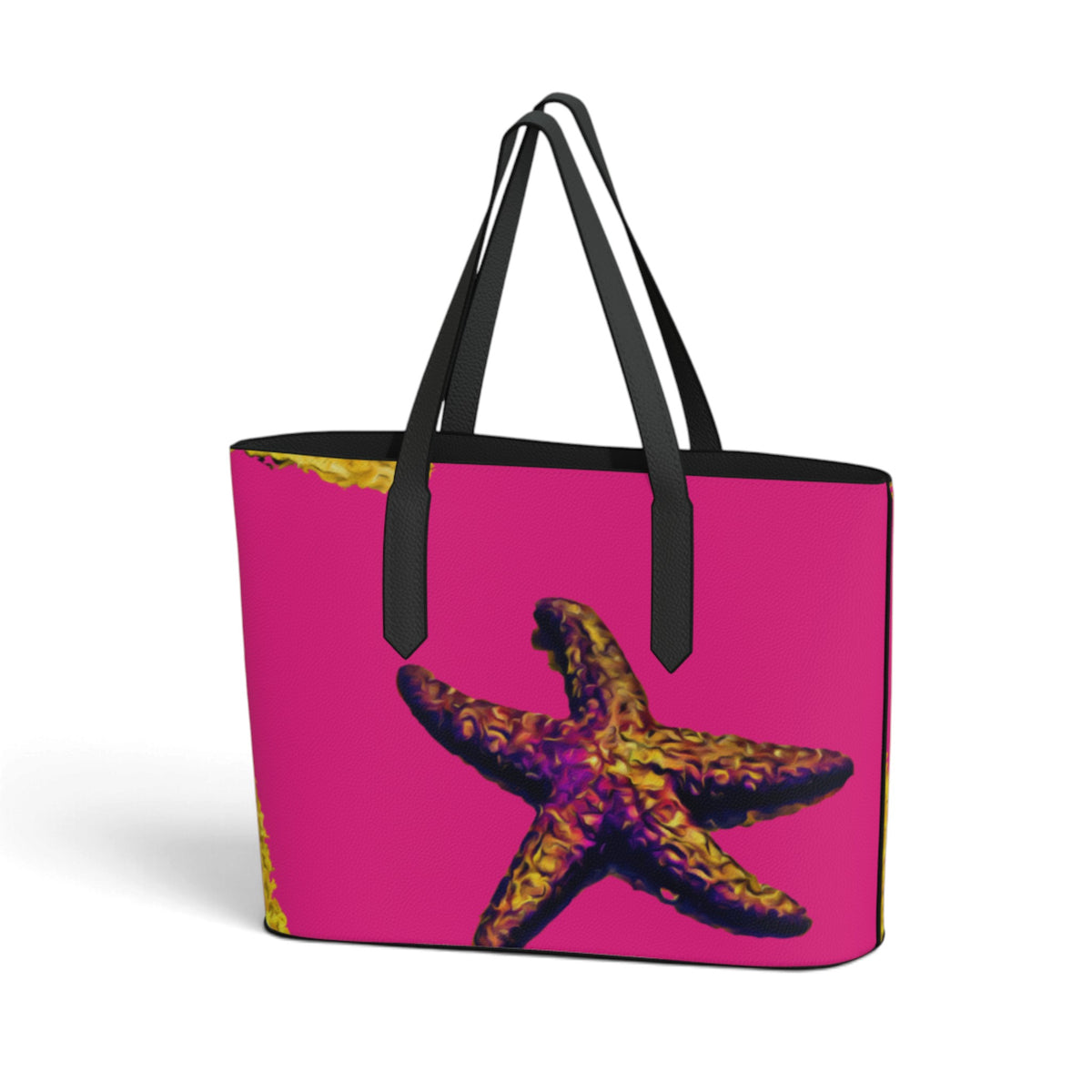 A tote bag with a bright pink background and a large starfish graphic in purple and yellow. The bag has black handles and black trim, shown on a clean white background.