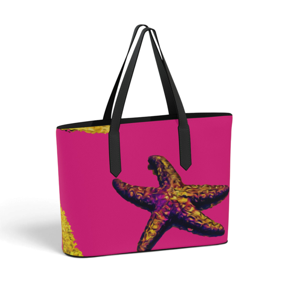 A tote bag with a bright pink background, black handles, and a large starfish graphic in yellow, purple, and orange tones.