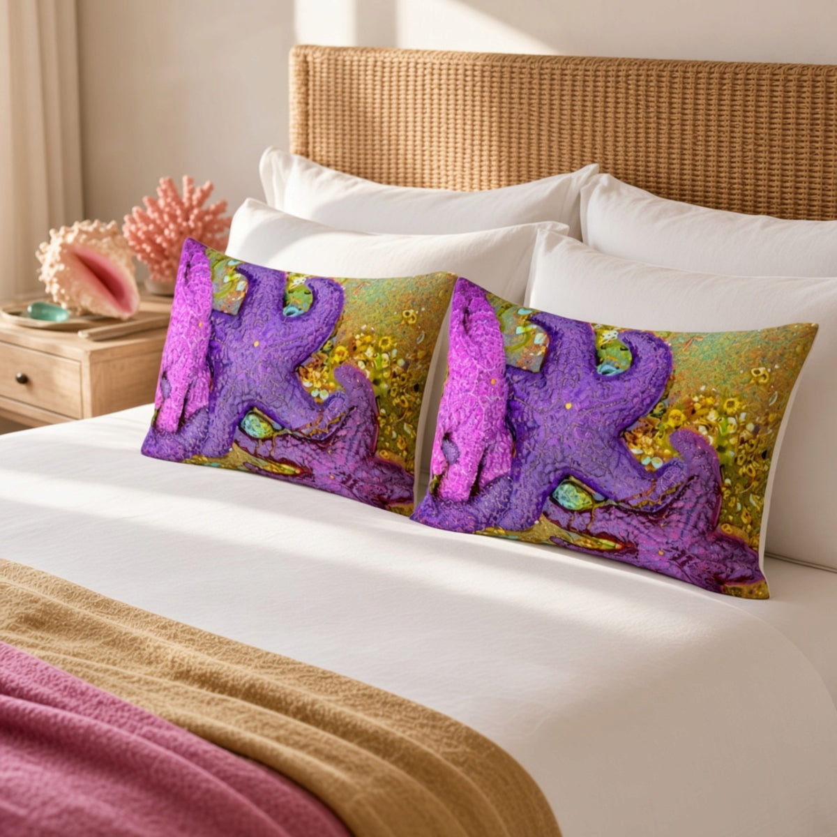 Two rectangular bed pillows with a vibrant purple starfish and design, styled on a white bed with a wicker headboard.