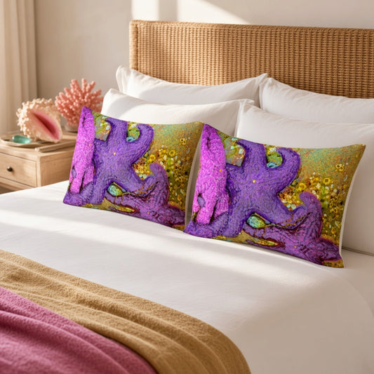 Two rectangular bed pillows with a vibrant purple starfish and design, styled on a white bed with a wicker headboard.