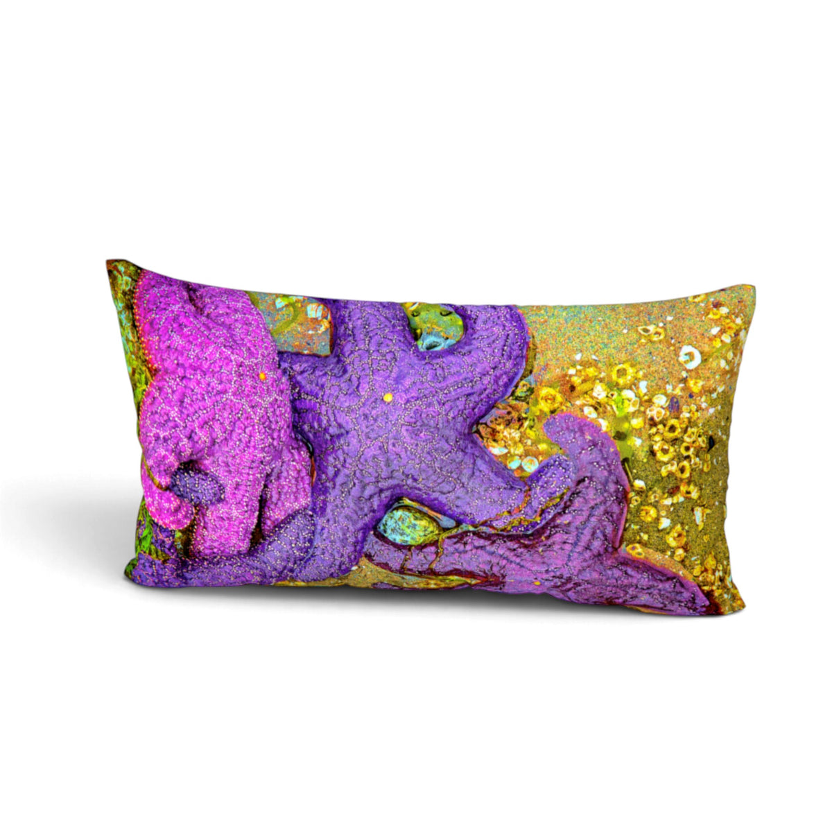 A rectangular lumbar throw pillow featuring a vibrant, textured abstract print of purple starfish and gold glittery coral on a white background.