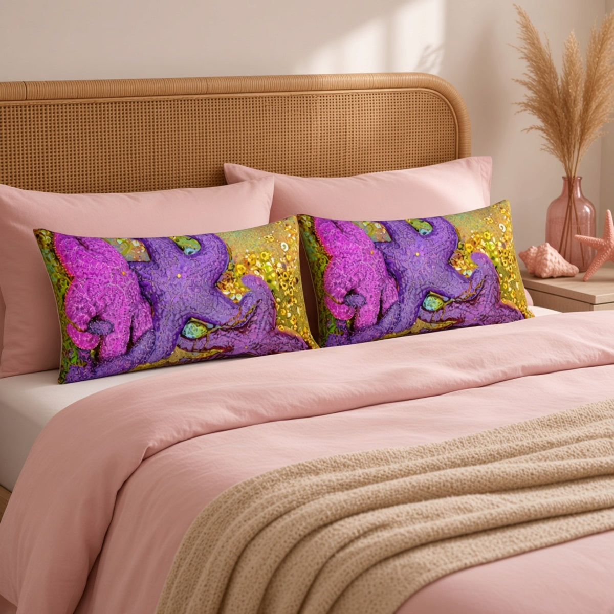 Two decorative lumbar pillows with a vibrant purple and green starfish pattern on a glittery gold background, styled on a bed with pink bedding and a rattan headboard.