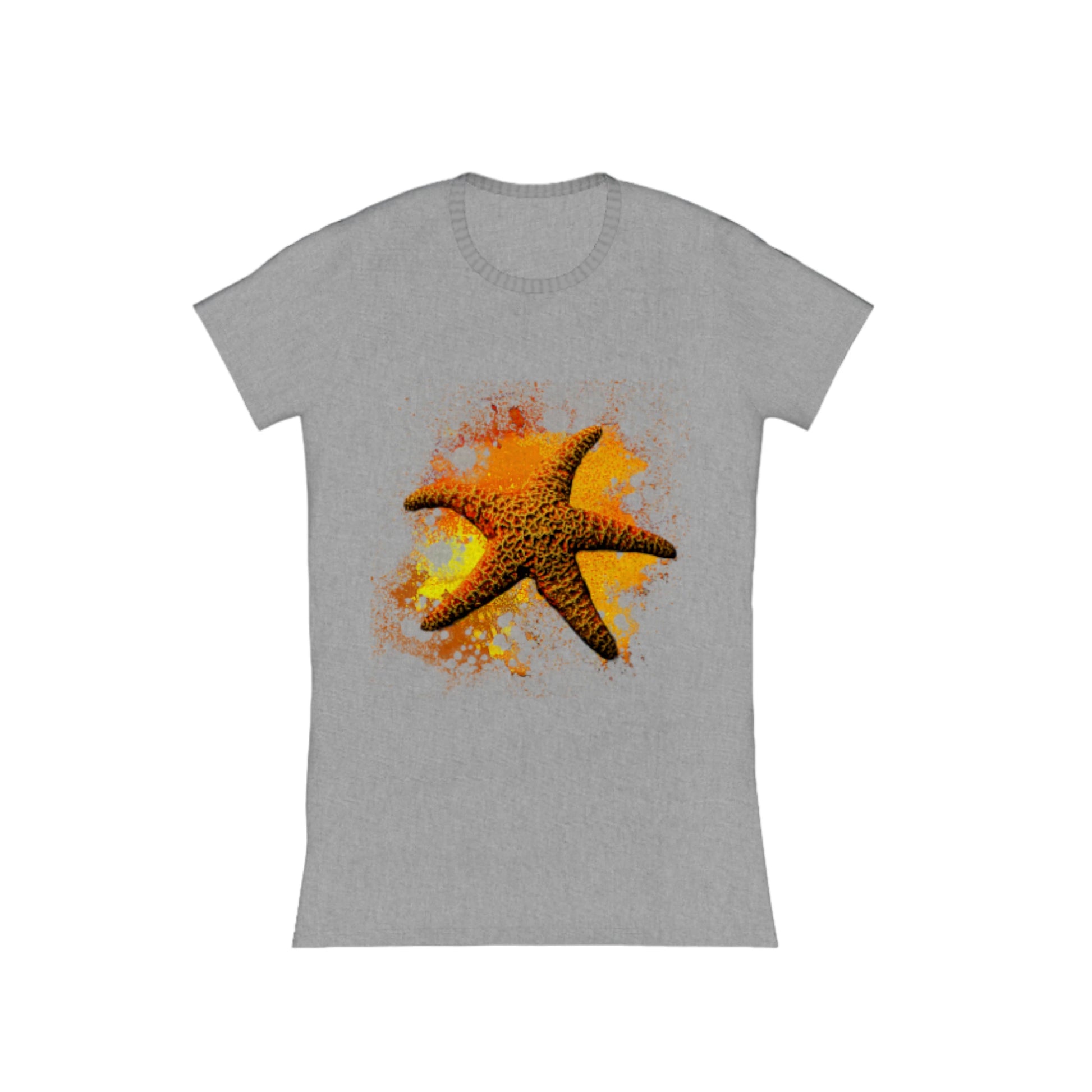 Starfish Orange Comfort Slim Fit T-shirt. The image is of a orange starfish with a colourful abstract of orange, yellow, red background.