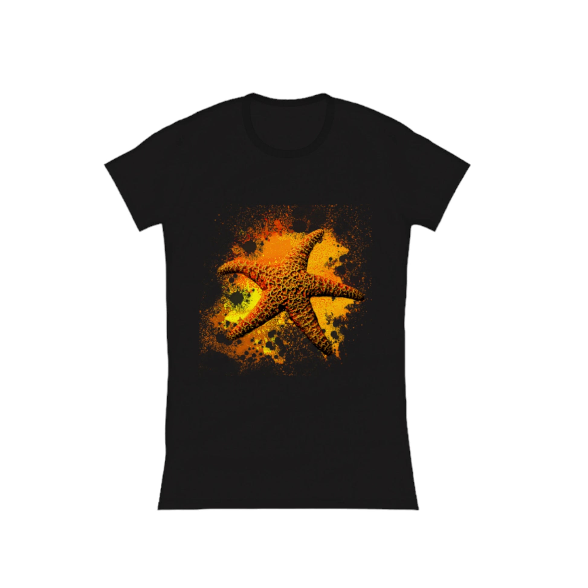 Starfish Orange Comfort Slim Fit T-shirt. The image is of a orange starfish with a colourful abstract of orange, yellow, red background.