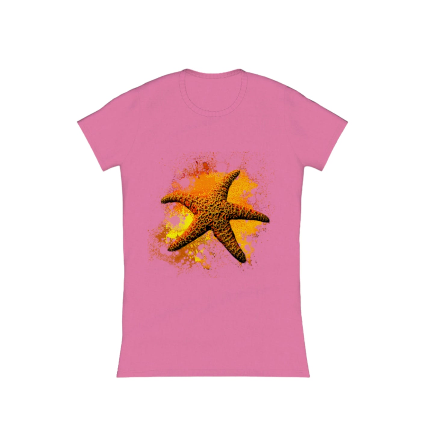 Starfish Orange Comfort Slim Fit T-shirt. The image is of a orange starfish with a colourful abstract of orange, yellow, red background.