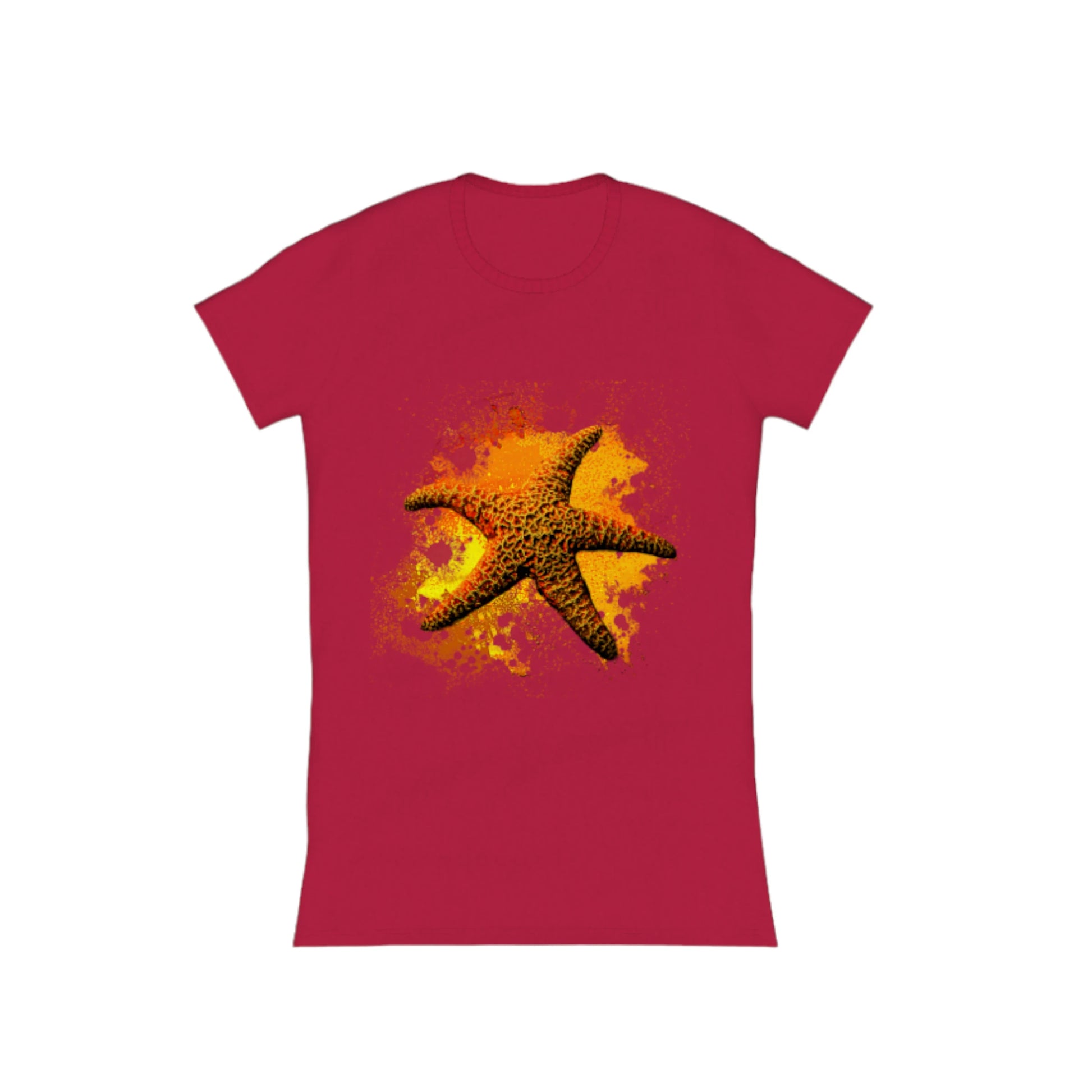 Starfish Orange Comfort Slim Fit T-shirt. The image is of a orange starfish with a colourful abstract of orange, yellow, red background.