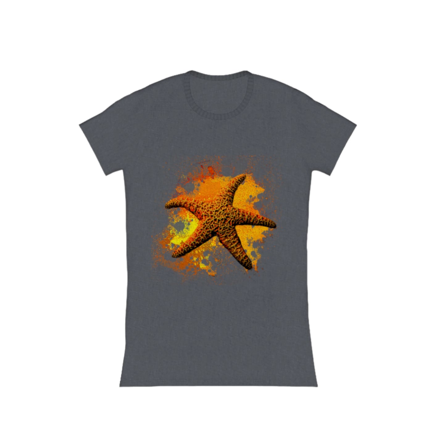 Starfish Orange Comfort Slim Fit T-shirt. The image is of a orange starfish with a colourful abstract of orange, yellow, red background.