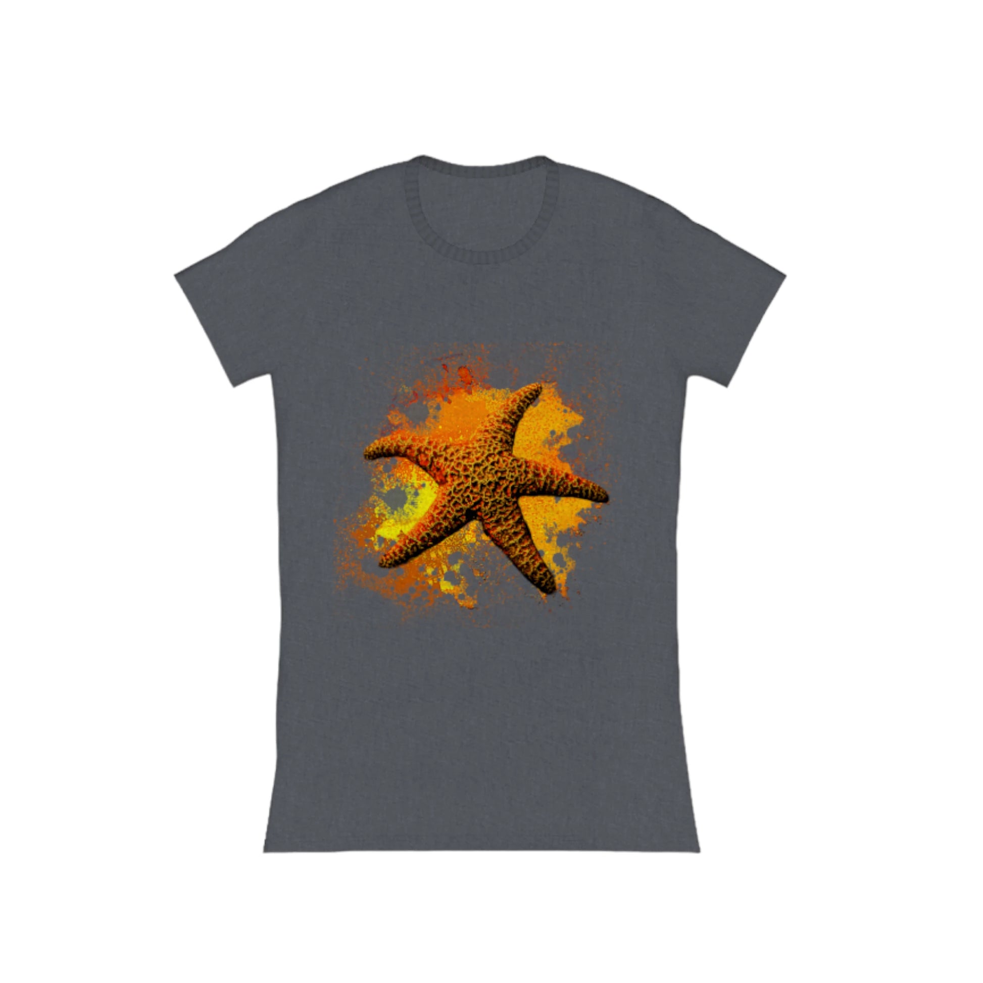 Starfish Orange Comfort Slim Fit T-shirt. The image is of a orange starfish with a colourful abstract of orange, yellow, red background.