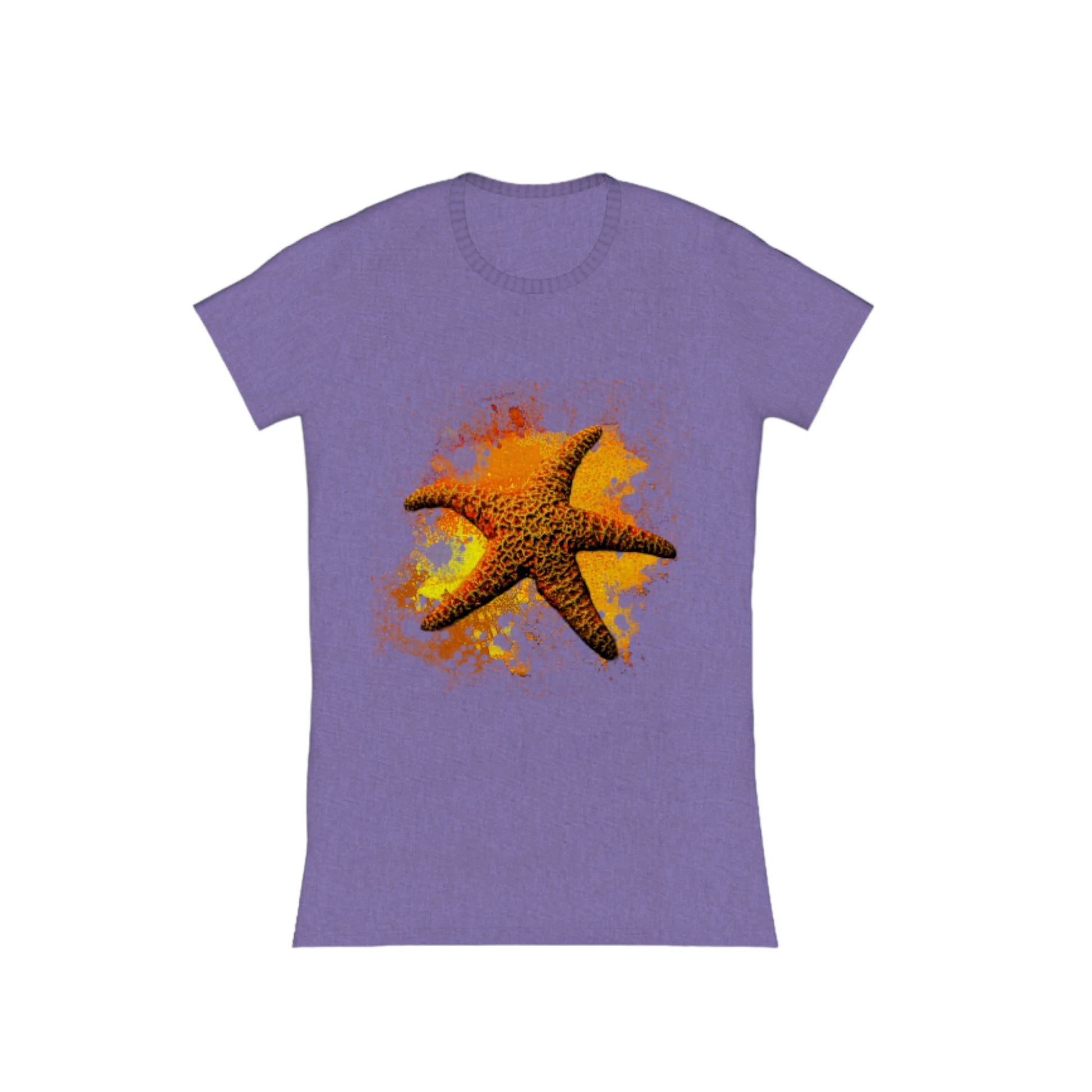 Starfish Orange Comfort Slim Fit T-shirt. The image is of a orange starfish with a colourful abstract of orange, yellow, red background.