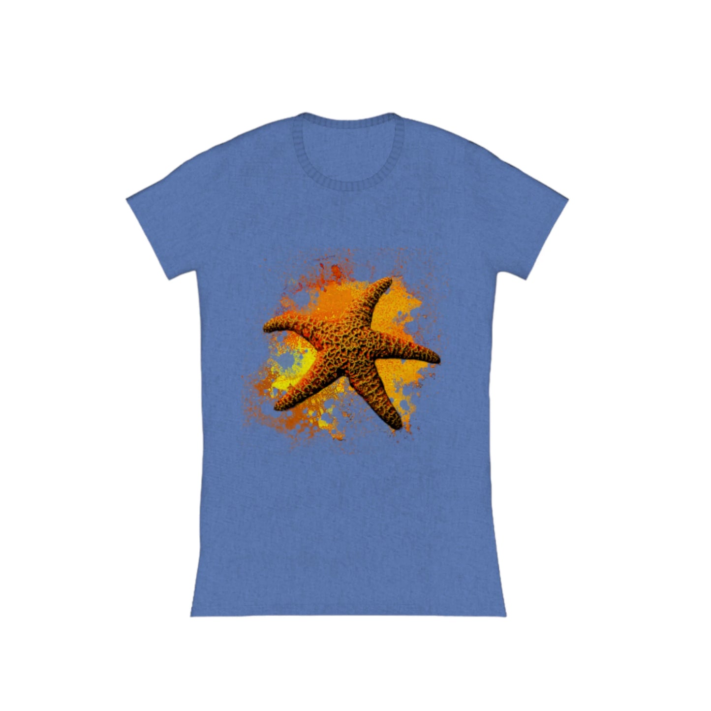 Starfish Orange Comfort Slim Fit T-shirt. The image is of a orange starfish with a colourful abstract of orange, yellow, red background.