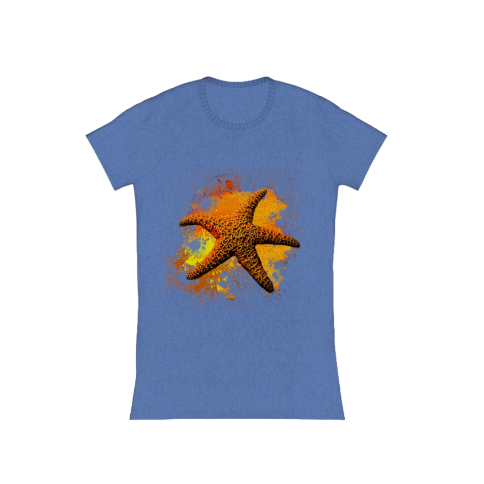 Starfish Orange Comfort Slim Fit T-shirt. The image is of a orange starfish with a colourful abstract of orange, yellow, red background.