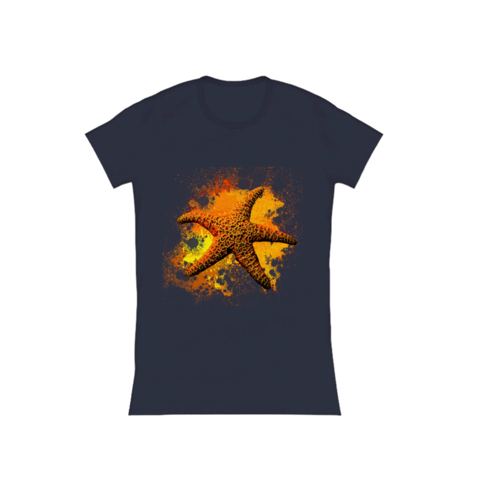 Starfish Orange Comfort Slim Fit T-shirt. The image is of a orange starfish with a colourful abstract of orange, yellow, red background.