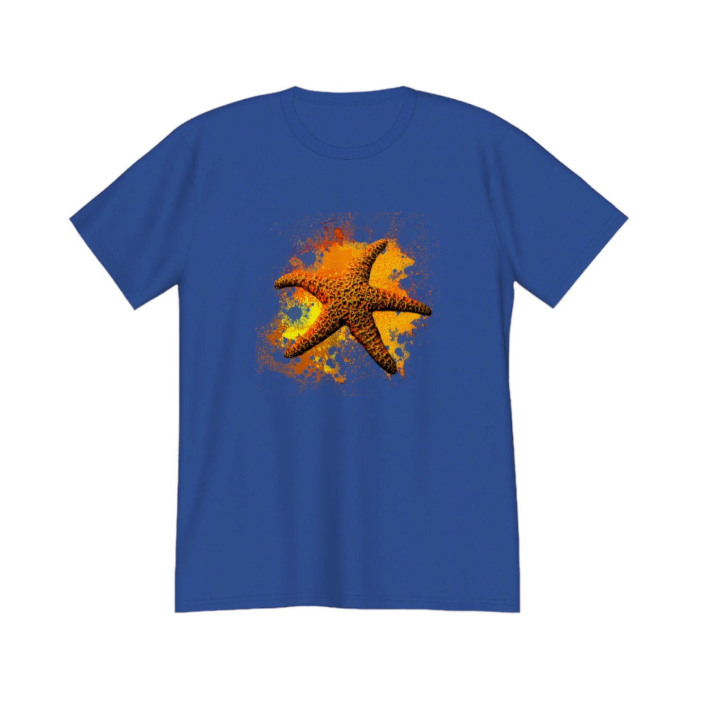 Starfish Orange Premium Unisex t-shirt.  The image on the front of the shirt is a orange starfish with a orange, red, yellow abstract background.  by van isle goddess dot com