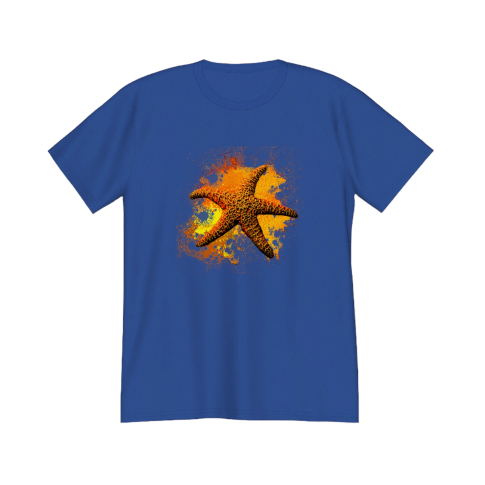 Starfish Orange Premium Unisex t-shirt.  The image on the front of the shirt is a orange starfish with a orange, red, yellow abstract background.  by van isle goddess dot com