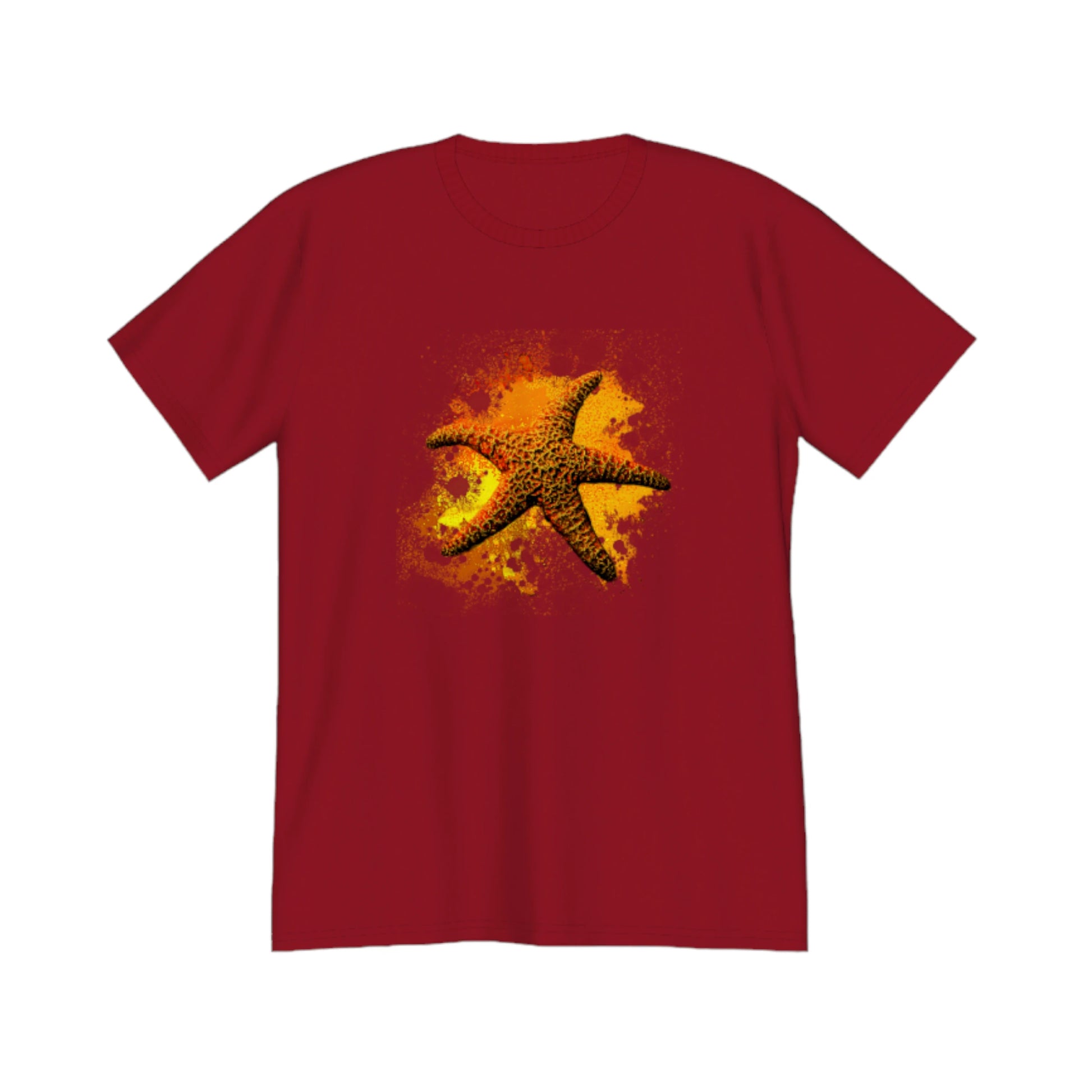 Starfish Orange Premium Unisex t-shirt.  The image on the front of the shirt is a orange starfish with a orange, red, yellow abstract background.  by van isle goddess dot com