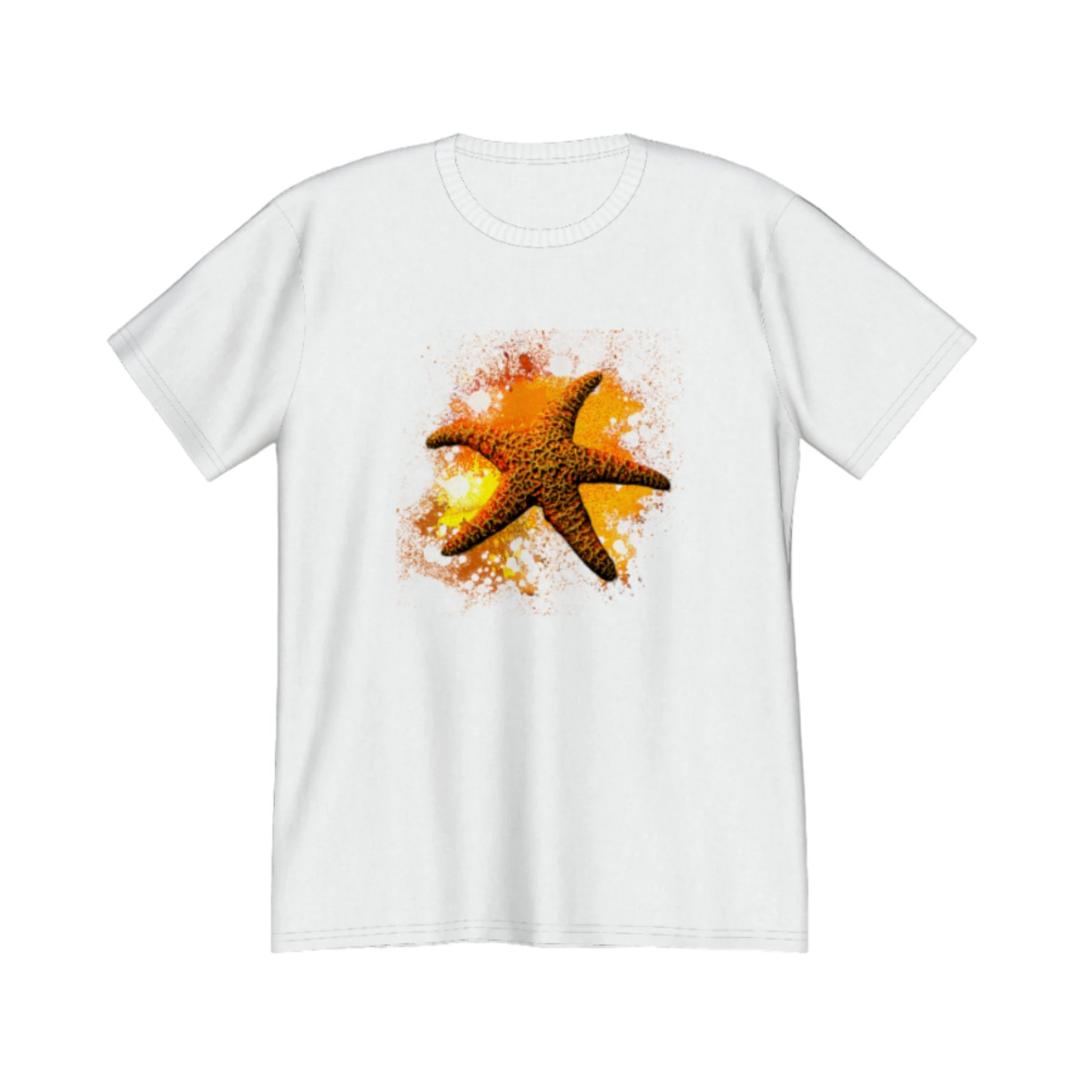 Starfish Orange Premium Unisex t-shirt.  The image on the front of the shirt is a orange starfish with a orange, red, yellow abstract background.  by van isle goddess dot com