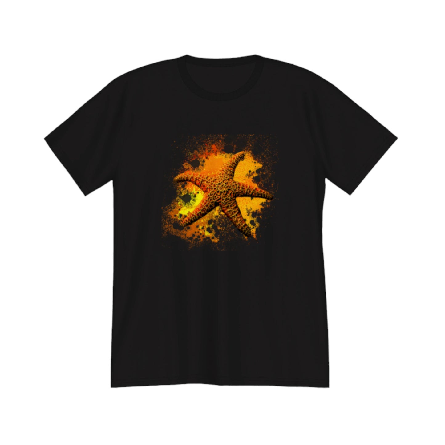 Starfish Orange Premium Unisex t-shirt.  The image on the front of the shirt is a orange starfish with a orange, red, yellow abstract background.  by van isle goddess dot com