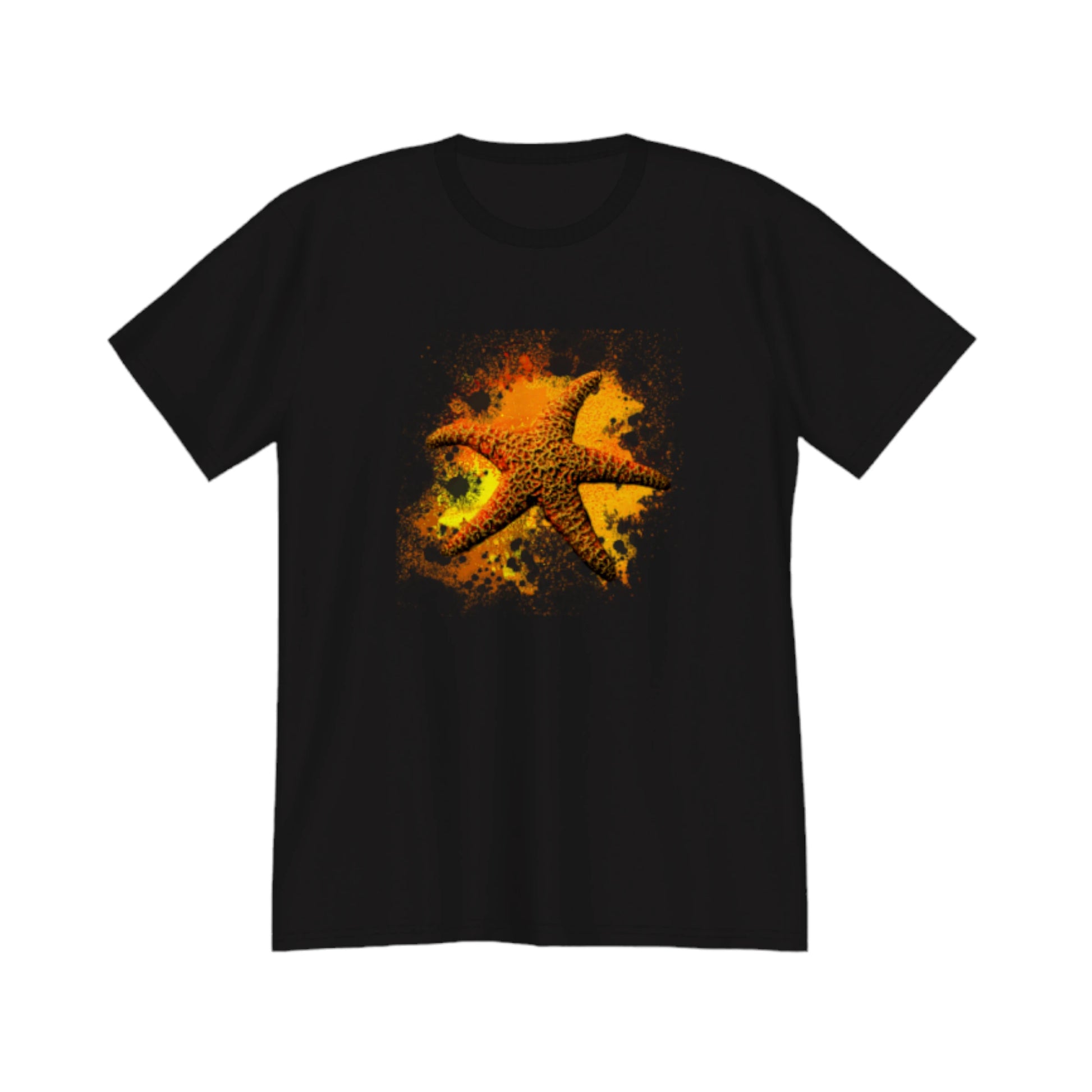 Starfish Orange Premium Unisex t-shirt.  The image on the front of the shirt is a orange starfish with a orange, red, yellow abstract background.  by van isle goddess dot com
