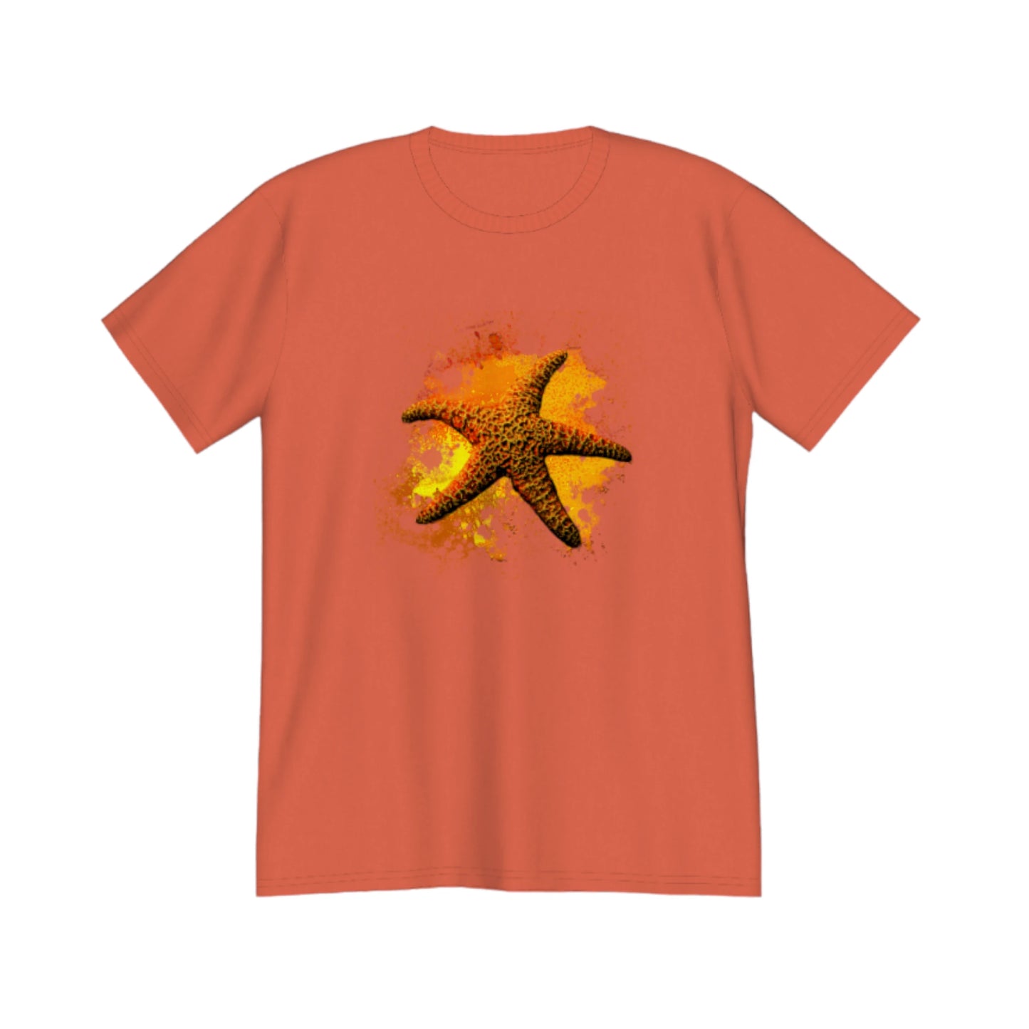Starfish Orange Premium Unisex t-shirt.  The image on the front of the shirt is a orange starfish with a orange, red, yellow abstract background.  by van isle goddess dot com