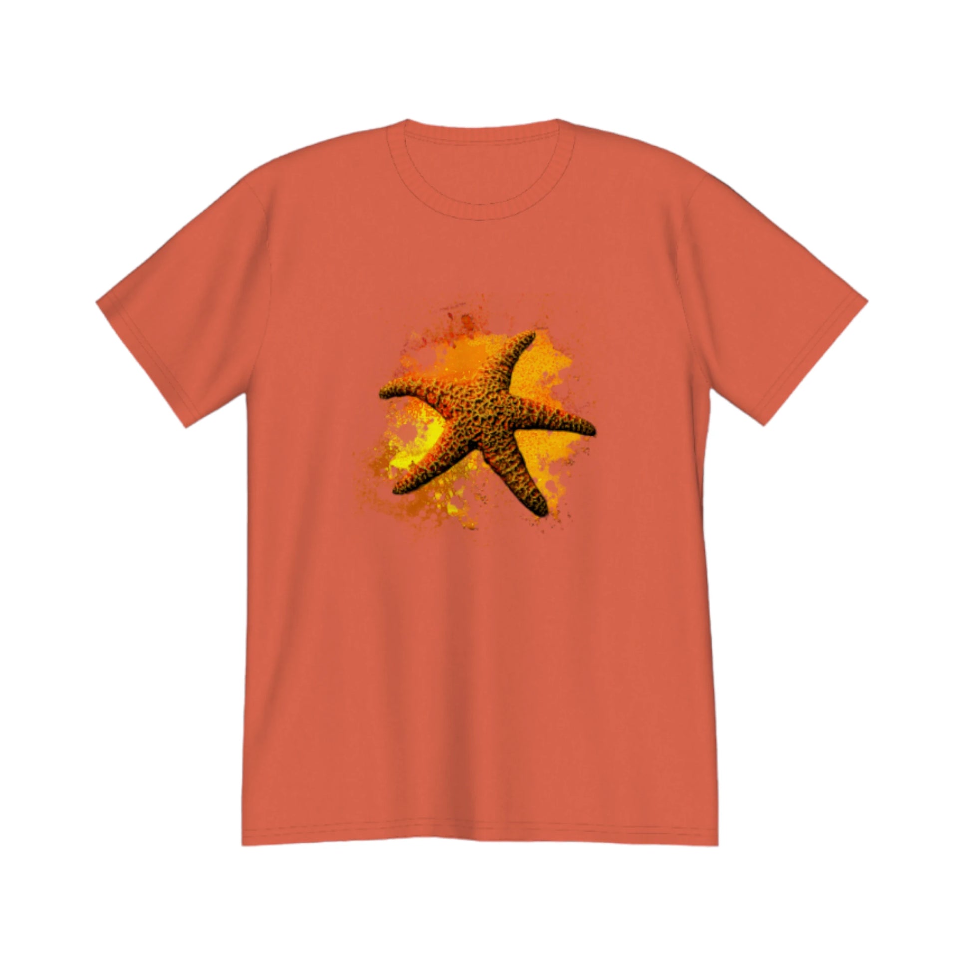 Starfish Orange Premium Unisex t-shirt.  The image on the front of the shirt is a orange starfish with a orange, red, yellow abstract background.  by van isle goddess dot com