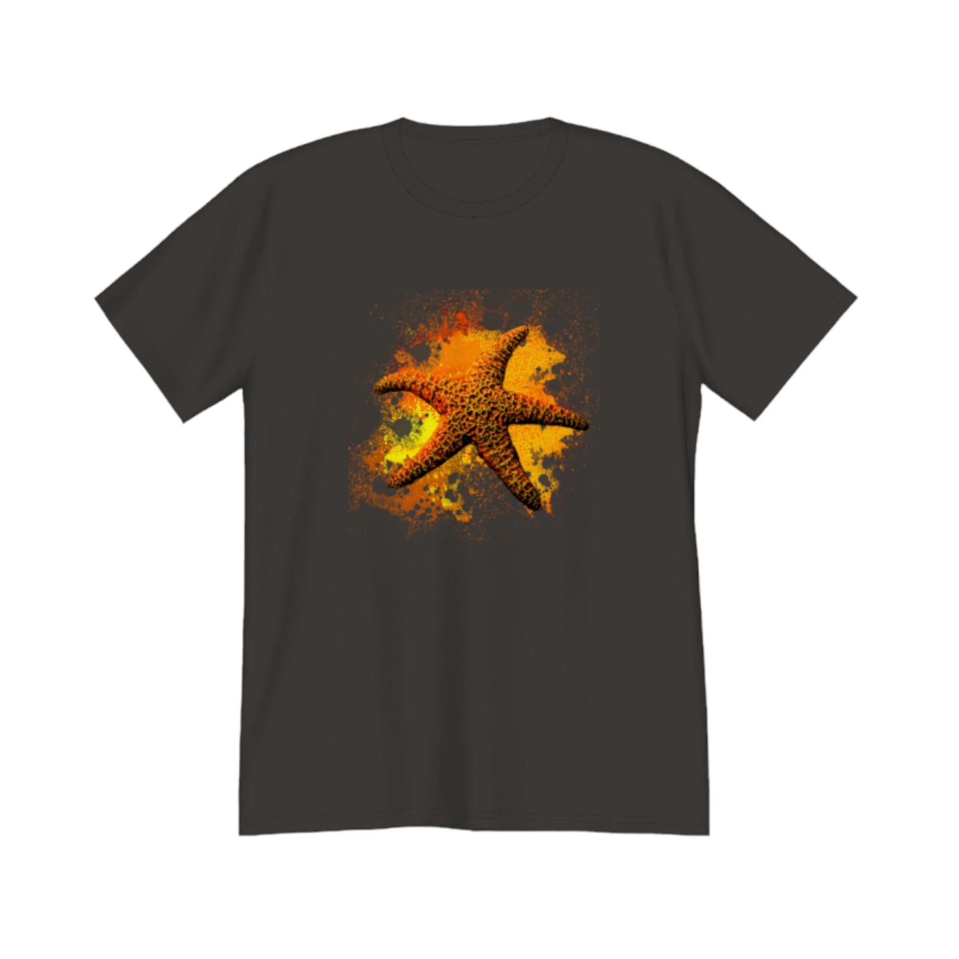 Starfish Orange Premium Unisex t-shirt.  The image on the front of the shirt is a orange starfish with a orange, red, yellow abstract background.  by van isle goddess dot com