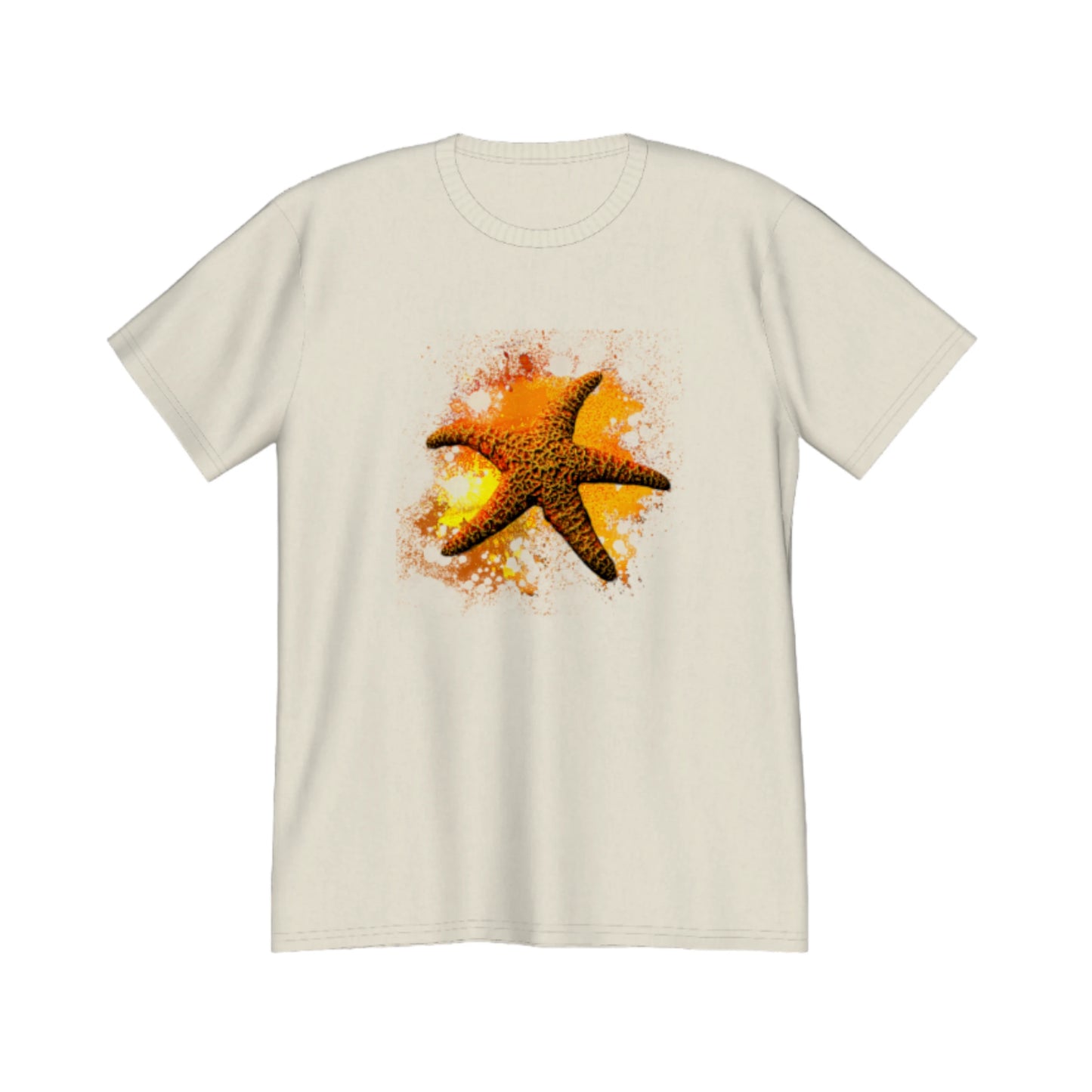 Starfish Orange Premium Unisex t-shirt.  The image on the front of the shirt is a orange starfish with a orange, red, yellow abstract background.  by van isle goddess dot com