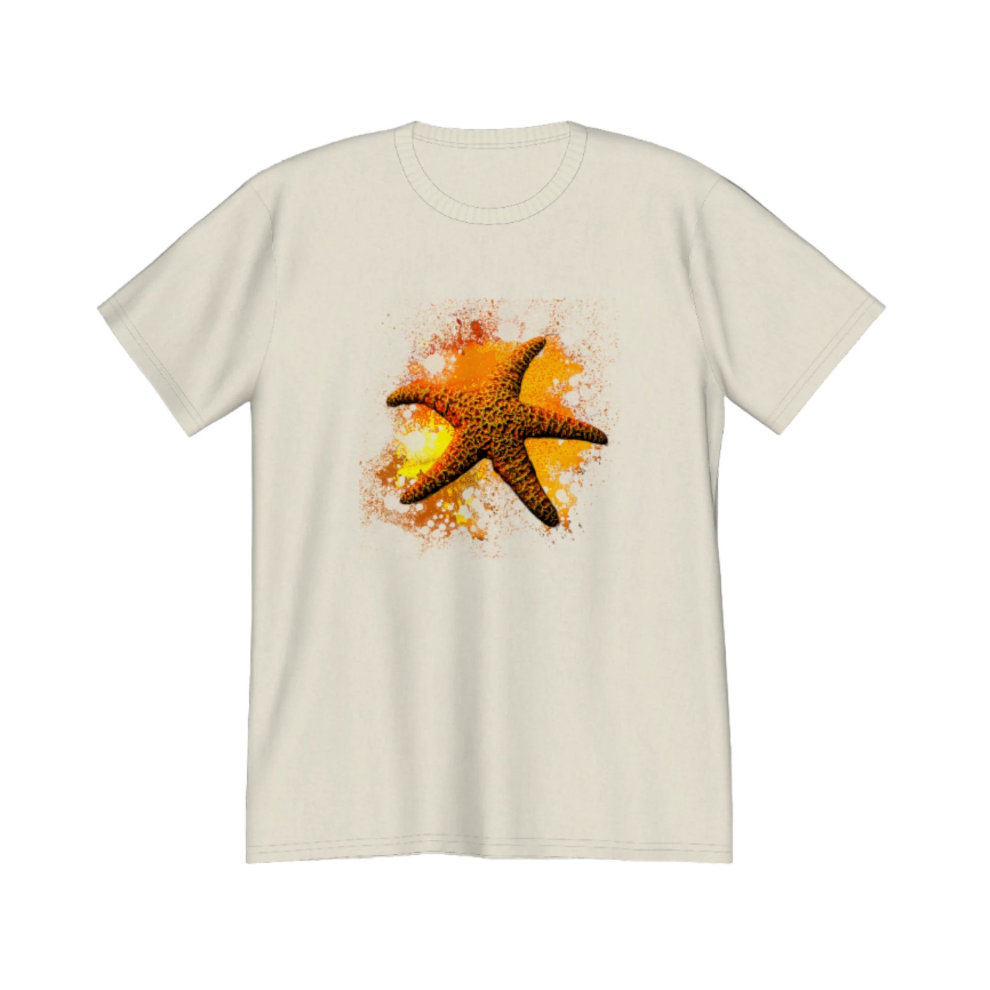Starfish Orange Premium Unisex t-shirt.  The image on the front of the shirt is a orange starfish with a orange, red, yellow abstract background.  by van isle goddess dot com