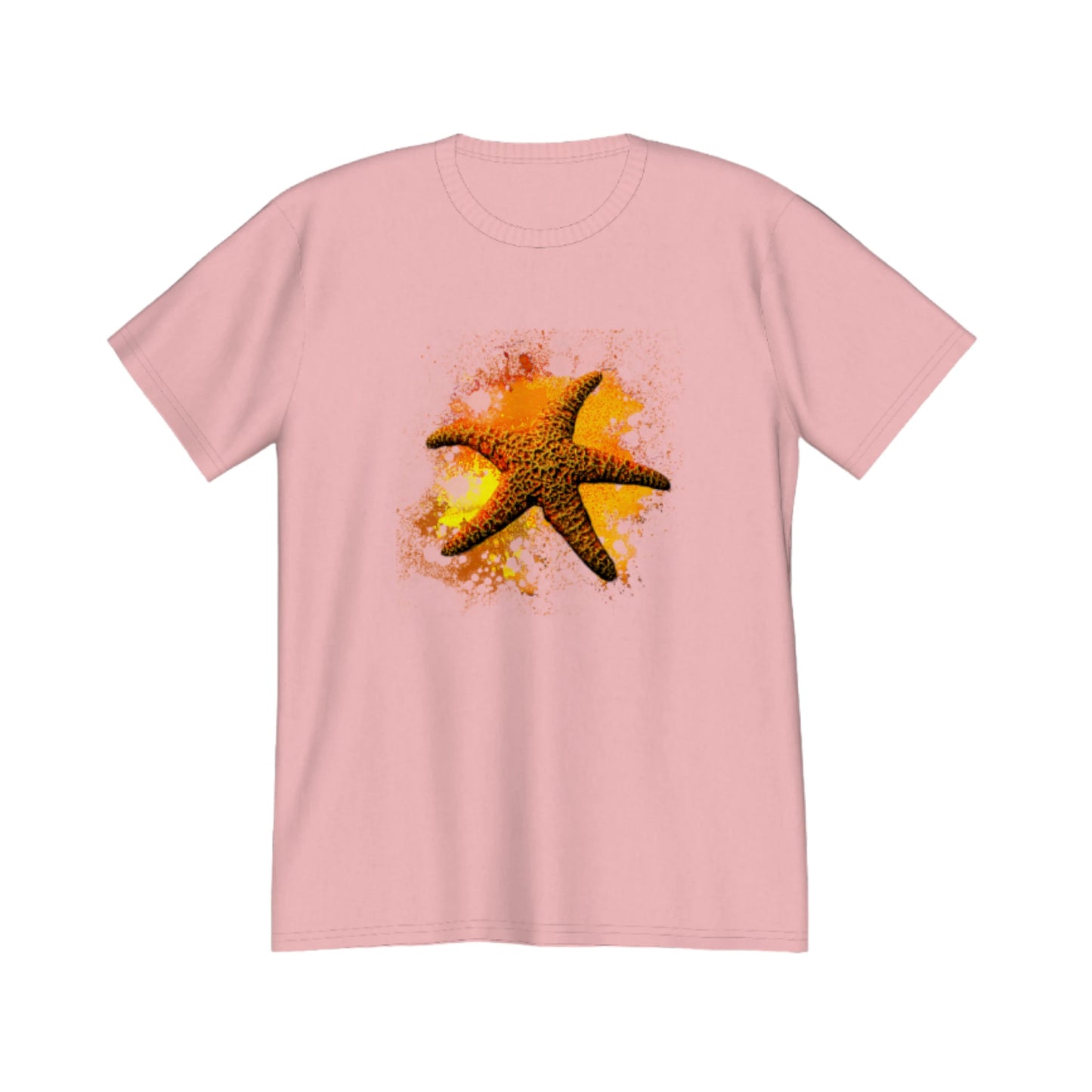 Starfish Orange Premium Unisex t-shirt.  The image on the front of the shirt is a orange starfish with a orange, red, yellow abstract background.  by van isle goddess dot com