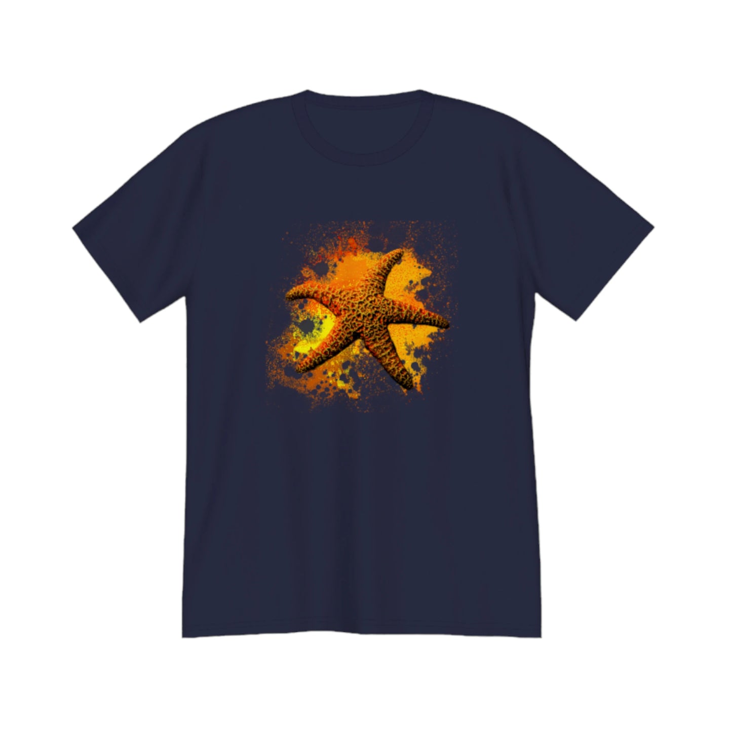 Starfish Orange Premium Unisex t-shirt.  The image on the front of the shirt is a orange starfish with a orange, red, yellow abstract background.  by van isle goddess dot com