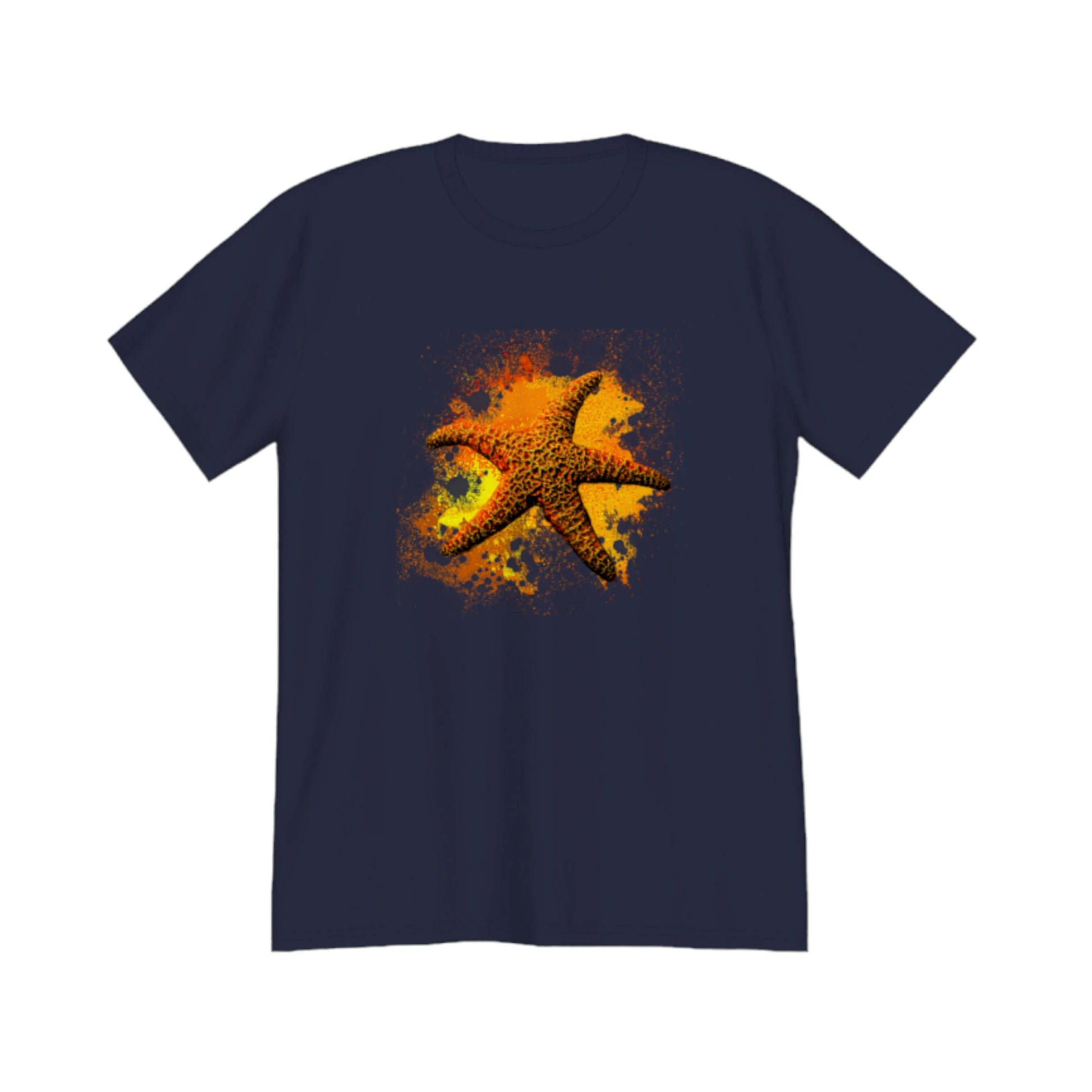 Starfish Orange Premium Unisex t-shirt.  The image on the front of the shirt is a orange starfish with a orange, red, yellow abstract background.  by van isle goddess dot com