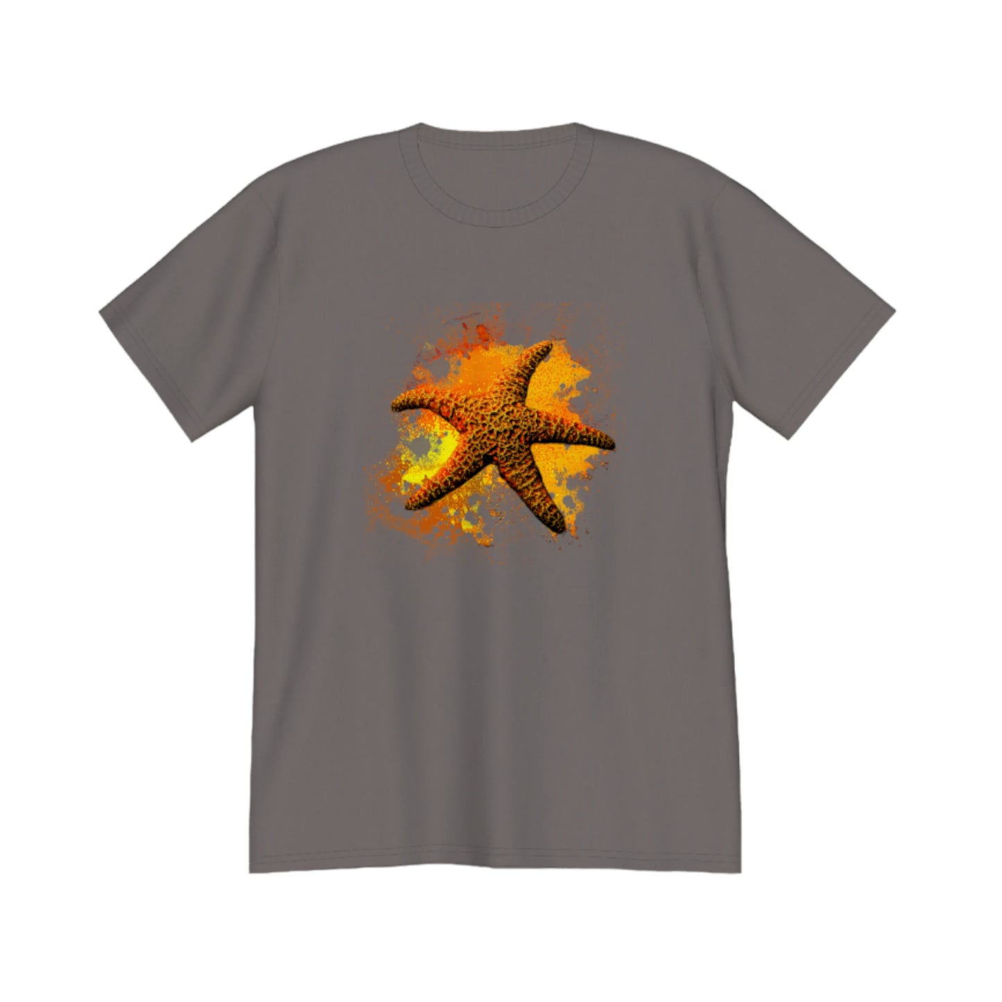 Starfish Orange Premium Unisex t-shirt.  The image on the front of the shirt is a orange starfish with a orange, red, yellow abstract background.  by van isle goddess dot com