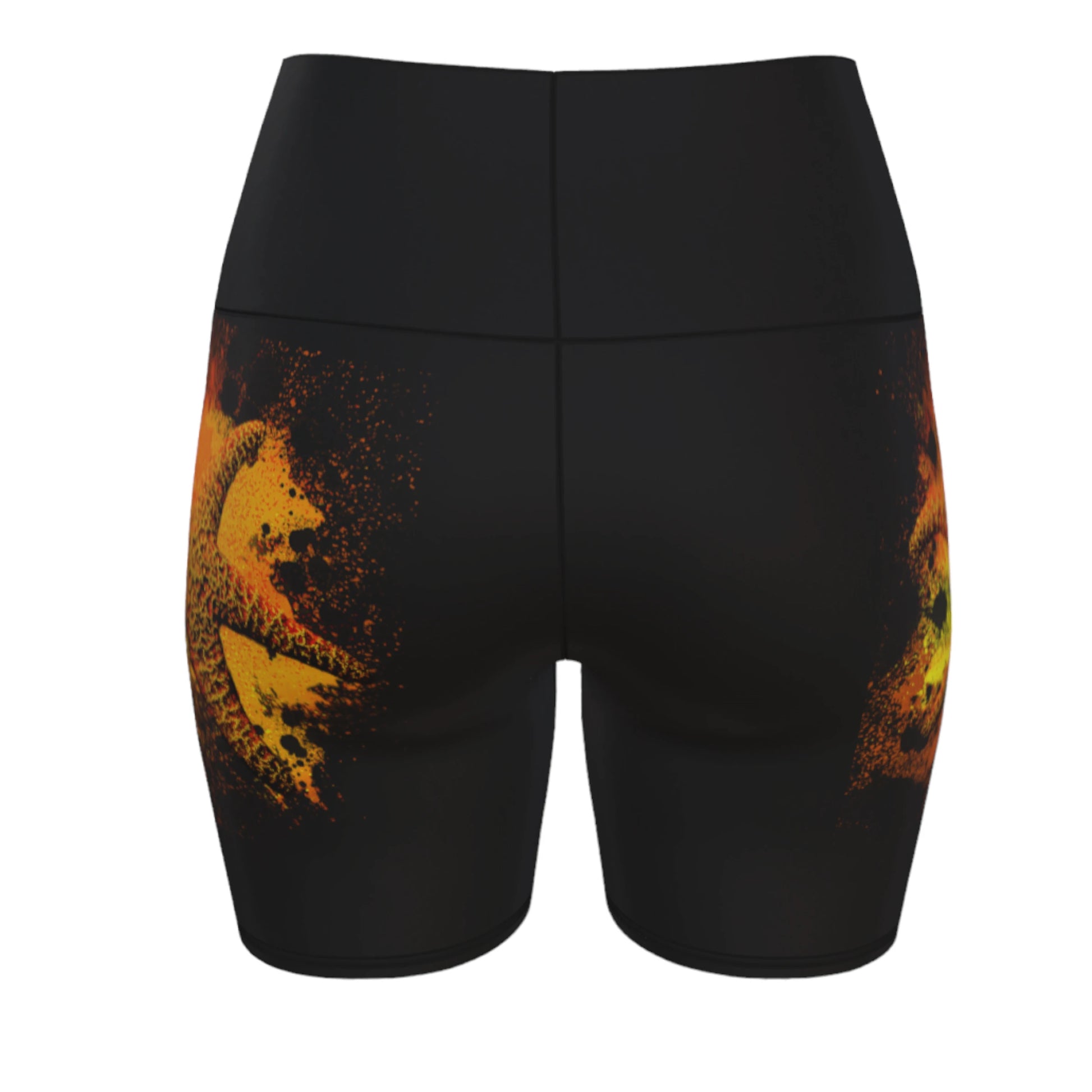 Starfish Orange Yoga Shorts features a orange starfish on a bed of abstract sand on black shorts.