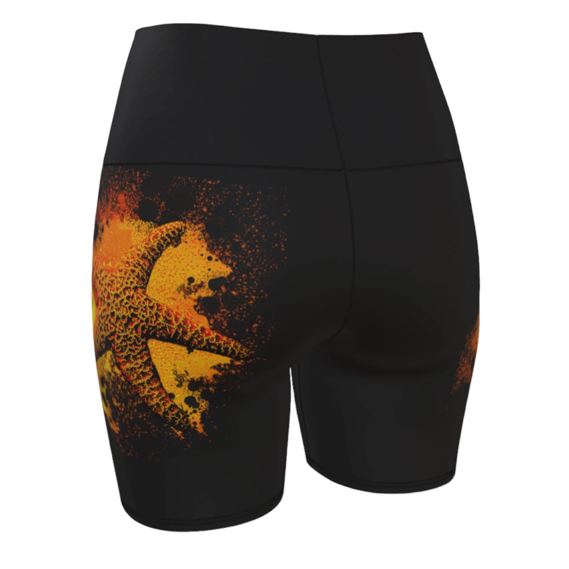 Starfish Orange Yoga Shorts features a orange starfish on a bed of abstract sand on black shorts.
