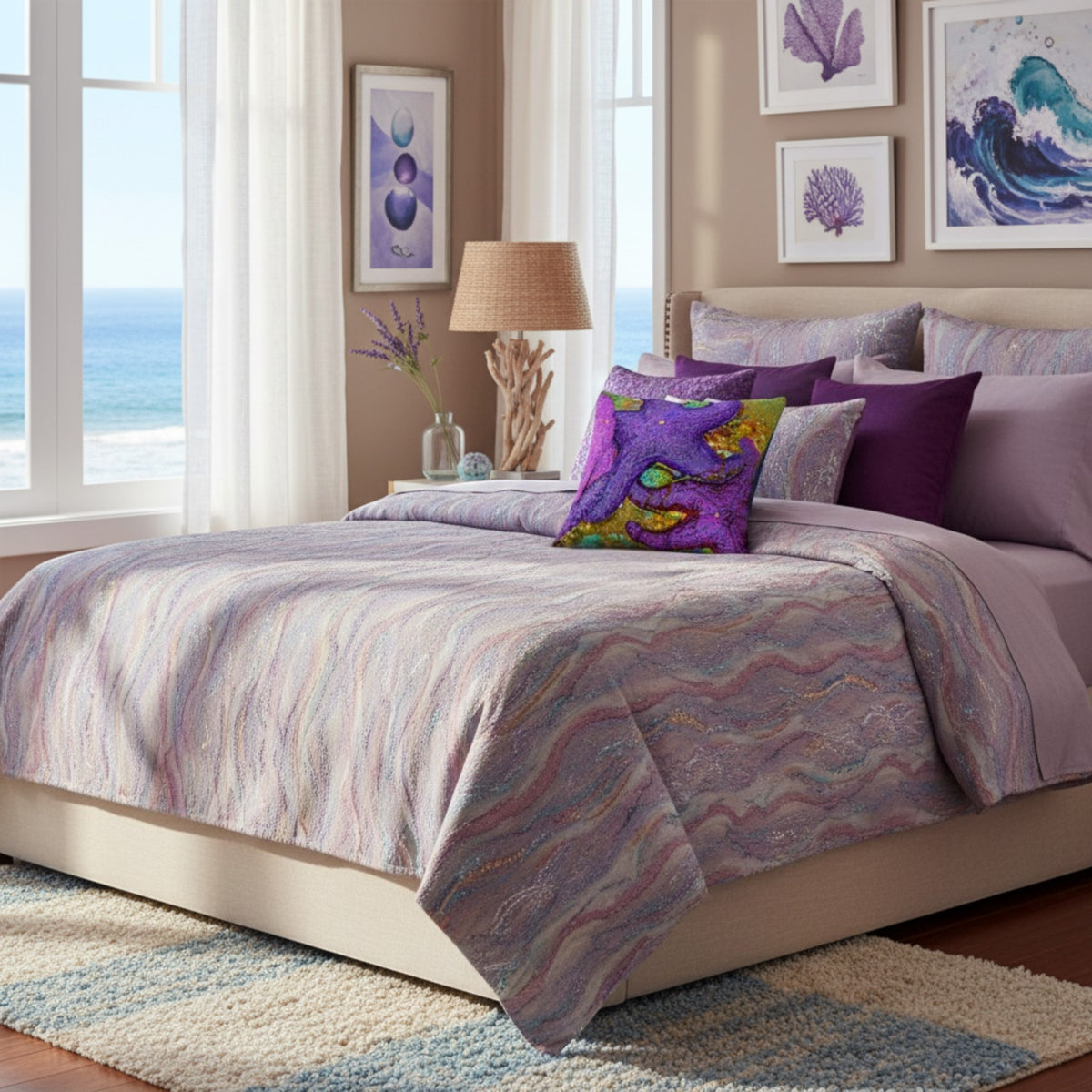 A bed dressed in a lavender and purple striped comforter with matching pillows, including a prominent purple octopus throw pillow, set in a bedroom with ocean views, framed wall art, and a bedside lamp.