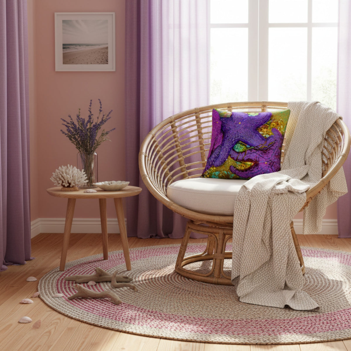A round woven rattan armchair with a white cushion and a colorful purple patterned throw pillow, styled in a cozy room with lavender curtains, a small wooden side table, and a round braided rug.