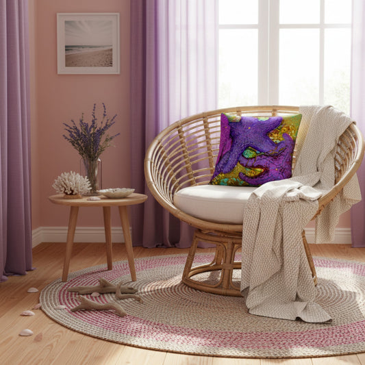 A round woven rattan armchair with a white cushion and a colorful purple patterned throw pillow, styled in a cozy room with lavender curtains, a small wooden side table, and a round braided rug.