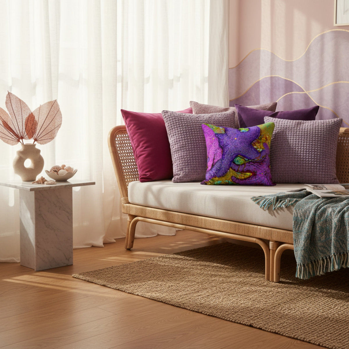 A woven rattan daybed with a cream cushion and multiple decorative throw pillows in purple, magenta, and multicolor patterns, styled in a warm, sunlit room with a marble side table and a woven rug.