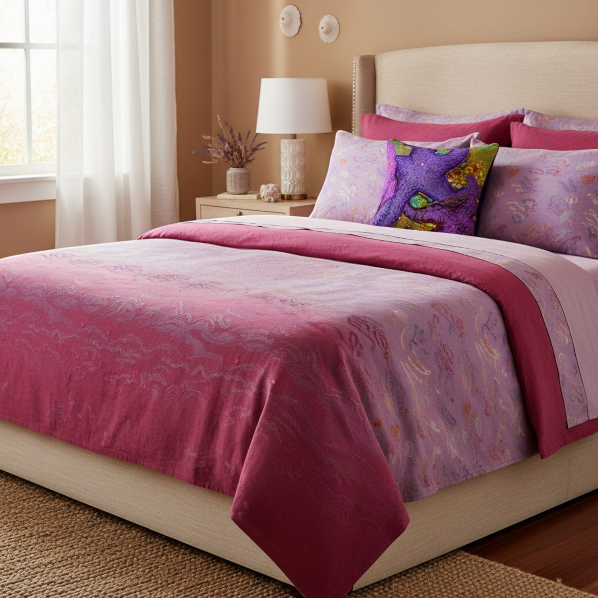 A neatly made bed in a bedroom setting, featuring a pink and purple patterned duvet cover, matching pillows, and a decorative throw pillow with a colorful butterfly design. The room has beige walls, a wooden nightstand with a lamp, and a window with sheer curtains.