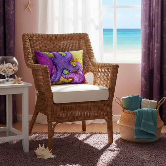 A brown wicker armchair with a white cushion sits in a beach-themed room with an ocean view window, a purple starfish wall decor, a white side table with seashells, and a woven basket with towels.