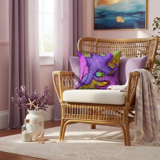A woven rattan armchair in a styled room, featuring a white cushion, a lavender throw blanket, and a prominent purple starfish throw pillow with green and yellow accents.