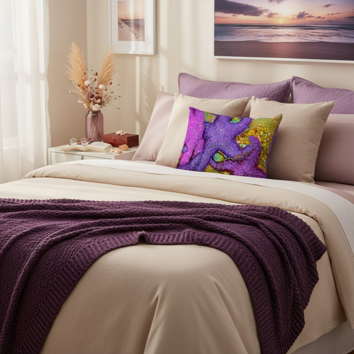 A styled bed in a softly lit bedroom featuring beige bedding, a chunky dark purple knit throw blanket, matching purple pillows, and a decorative square accent pillow with a vivid purple, pink, and green abstract design.
