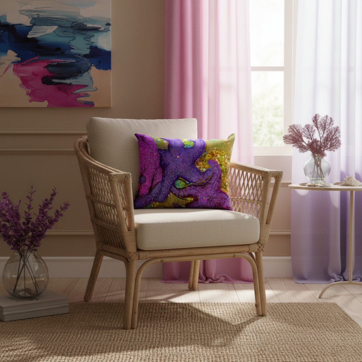 A woven rattan armchair with cream cushions sits in a styled room setting, featuring a vibrant purple and gold abstract patterned accent pillow. The scene includes pink and lavender curtains, a side table with dried flowers, and an abstract painting on the wall.