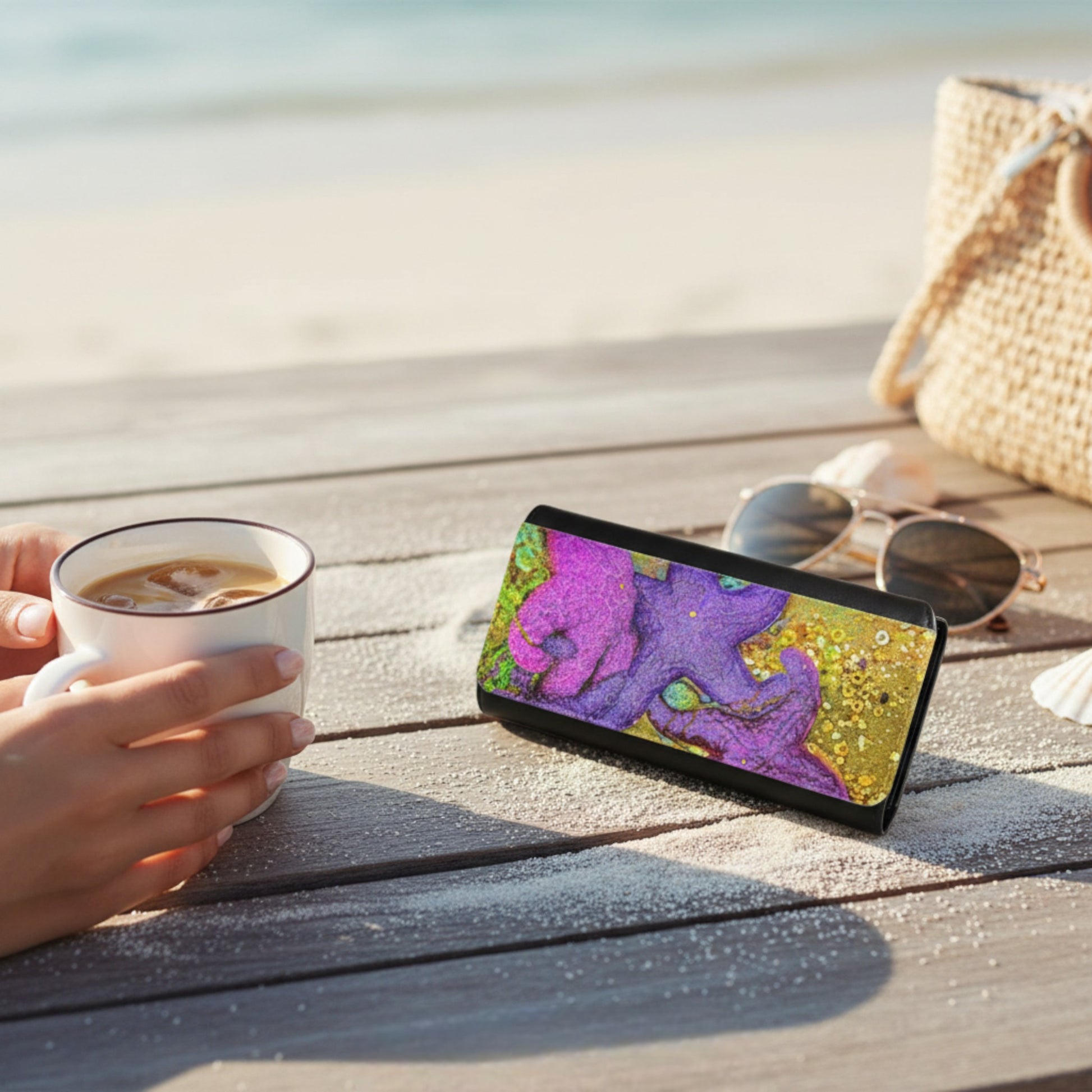 Person holding a cup of coffee next to a smartphone displaying a colorful screen on a wooden surface by the water.