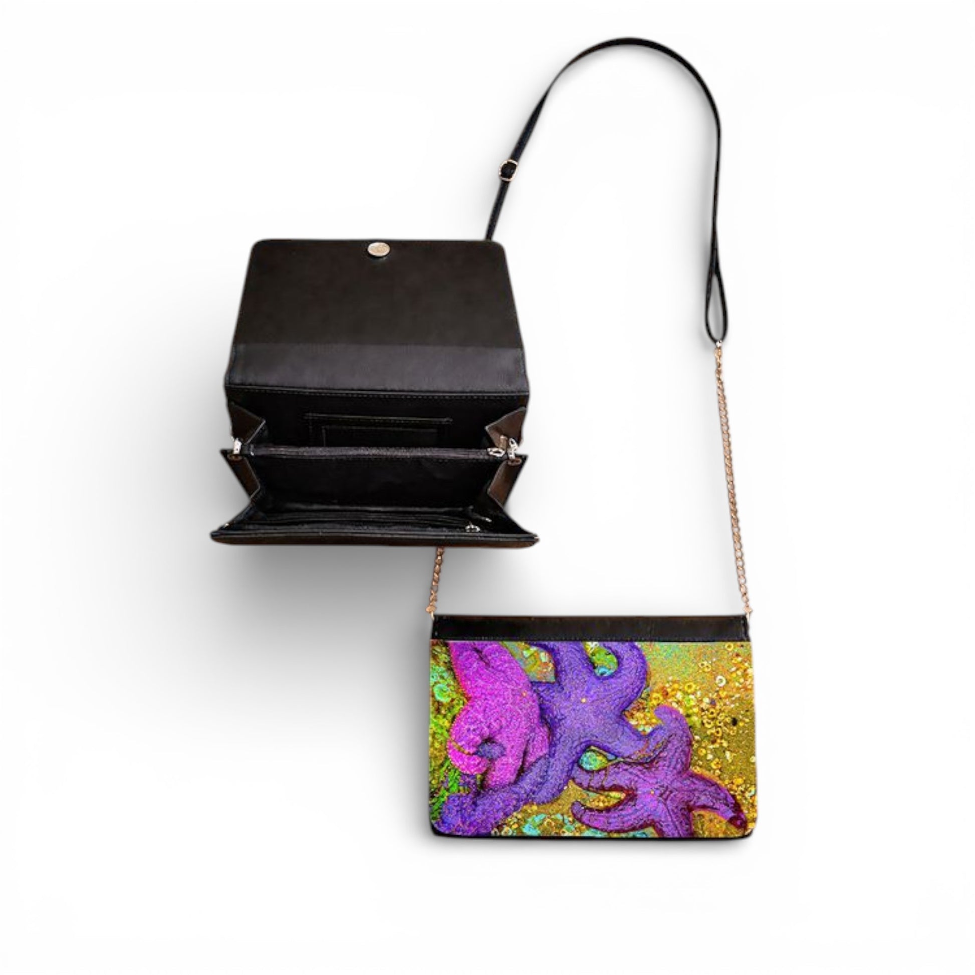 Black handbag with a colorful starfish design on a white background